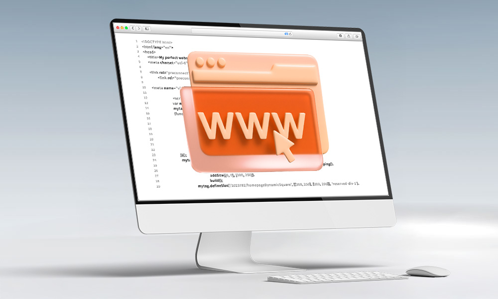 Illustration eines Monitors mit Quellcode und stark vereinfachter Website