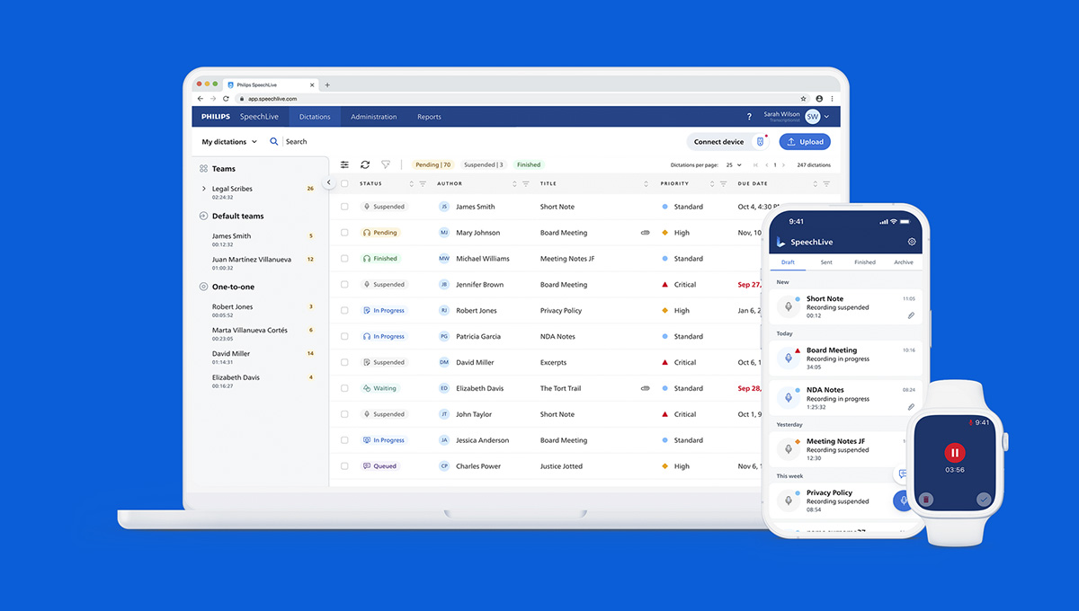 Produktabbildung SpeechLive. Browser, Smartphone und Watch